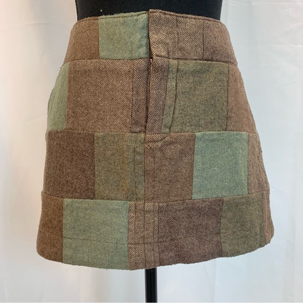 AMERICAN Eagle brown green wool patchwork square print mini skirt Sz 10 - Picture 3 of 11